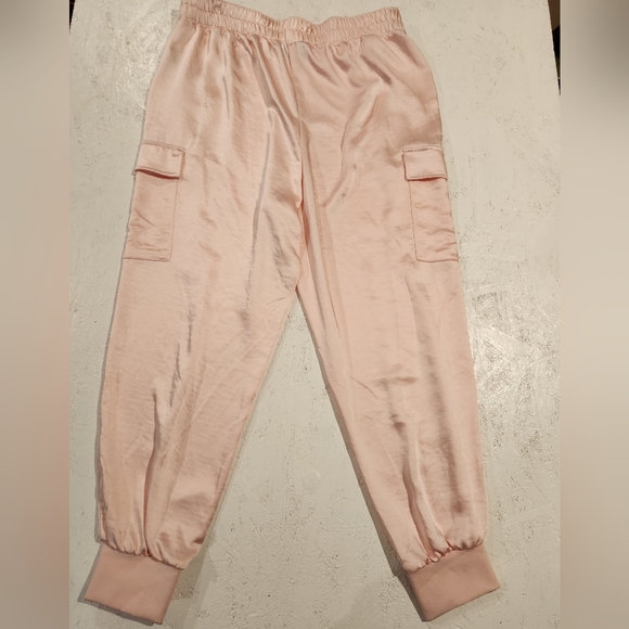 INC International Concepts Pants - Blush Pink satin like stretch joggers 27" inseam cargo style pockets